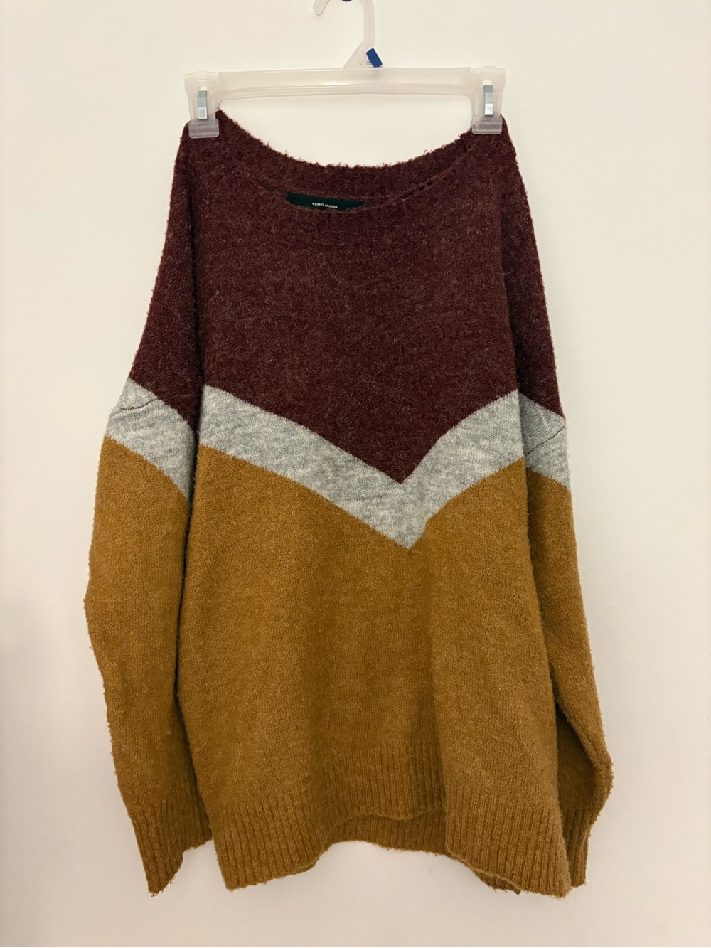 Vero Moda Chevron Colorblock Sweater in Maroon, Gray, & Mustard